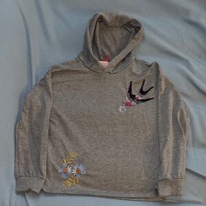 Gray Hoodie with Bird and Floral Embroidery